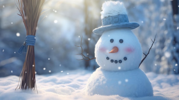 Vrolijk kerstfeest en gelukkig nieuwjaar groetenkaart Gelukkige sneeuwman staande in een kerstlandschap Sneeuw achtergrond Winter's Tale