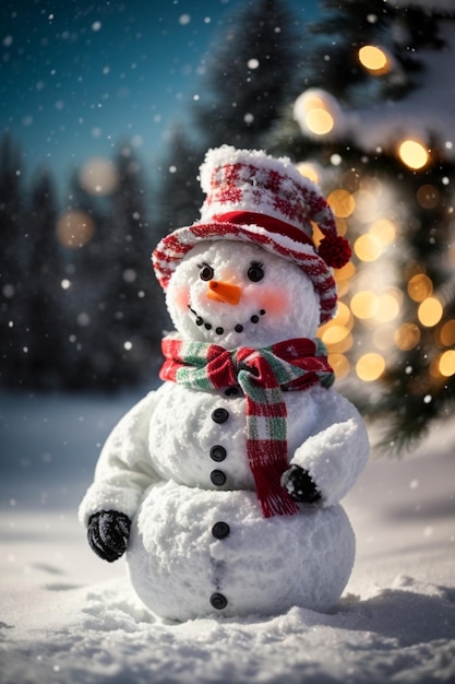 Vrolijk kerstfeest en gelukkig nieuwjaar kaartje met copyspace Gelukkige sneeuwman staande in