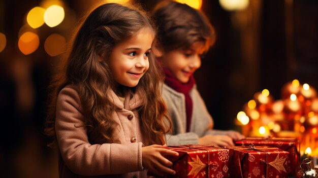 Vrolijk kerstfeest en gelukkige feestdagen Vrolijke schattige kinderen die geschenken openen