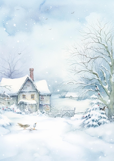 Vrolijk kerstfeest en gelukkige feestdagen waterverf drukbare kunstdruk Engels landelijk huisje als sneeuw winter vakantie kerstkaart dank u en diy groetekaart ontwerp landelijke stijl