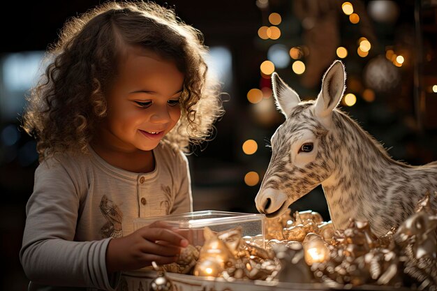 Foto vrolijk kerstfeest en gelukkige vakantie leuke kleine kinderen meisjes met cadeau doos bij de boom thuis