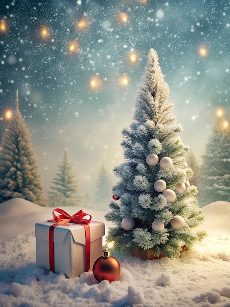 Vrolijk kerstfeest Esthetische achtergrond met geschenkdoos en witte sneeuw