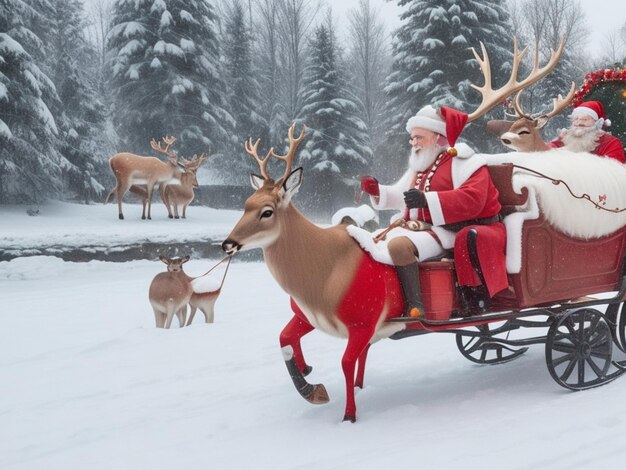 Vrolijk kerstfeest foto van de kerstman met een hert en een cadeau doos een team van rendieren