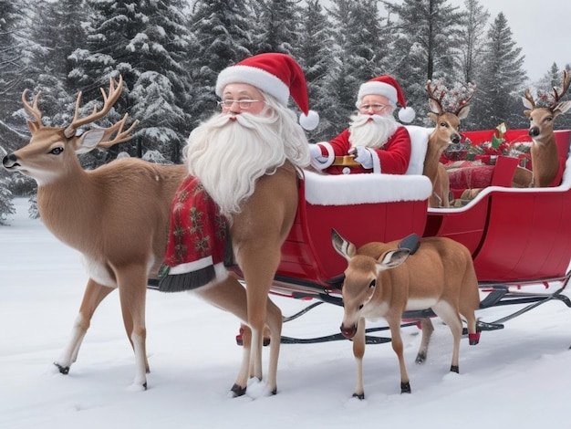 Vrolijk kerstfeest foto van de kerstman met een hert en een cadeau doos een team van rendieren