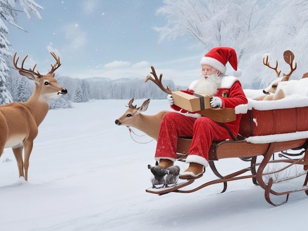 Vrolijk kerstfeest foto van de kerstman met een hert en een cadeau doos een team van rendieren