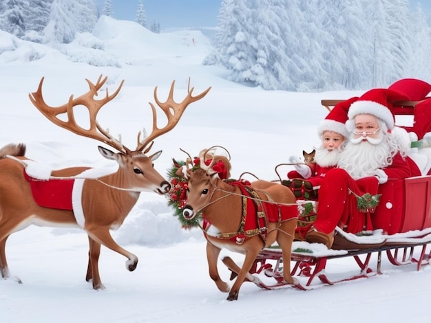 Vrolijk kerstfeest foto van de kerstman met een hert en een cadeau doos een team van rendieren