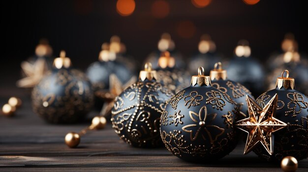 Foto vrolijk kerstfeest zwarte en gouden ballen met een prachtige gloeiende achtergrond_ ai