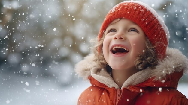 Foto vrolijk kind vangt sneeuwvlokken met zijn tong in close-up wandelen tijdens een sneeuwval