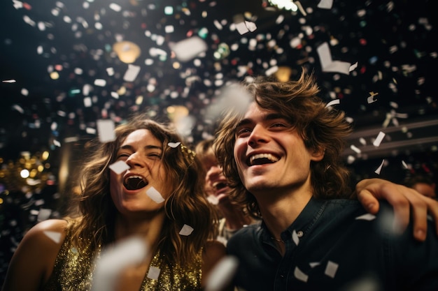 Vrolijk koppel hun glimlach verlicht het tafereel te midden van een regen van feestelijke confetti