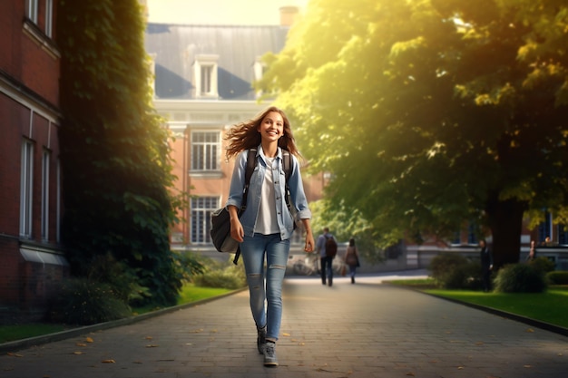 Vrolijk lachend meisje met grote rugzak wandelen en plezier maken tegen straat Gelukkig jong schoolmeisje camera kijken Schoolconcept Terug naar school Vrolijke vrouwelijke student opgewonden op het schoolplein