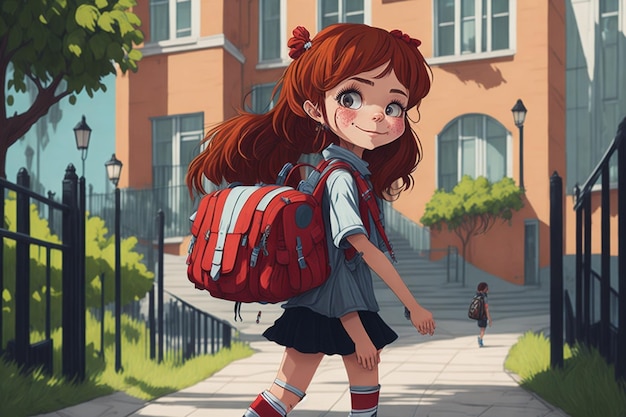 Vrolijk meisje omarmt eerste dag terug naar school terwijl ze naar de school loopt met rugzak gegenereerde ai