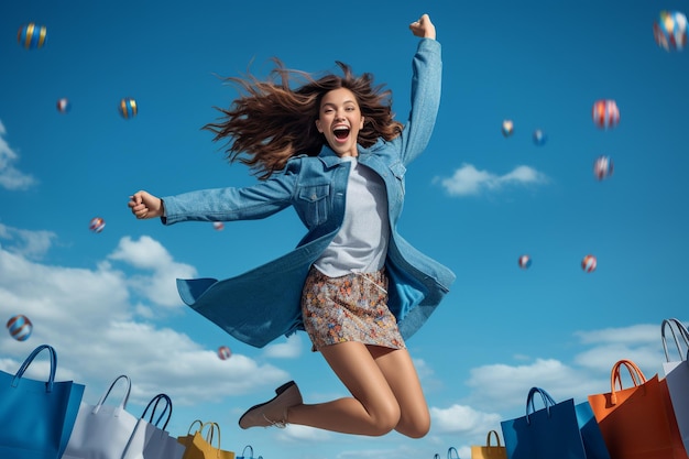Vrolijk meisje springen met winkelen vindt tegen levendige blauwe achtergrond
