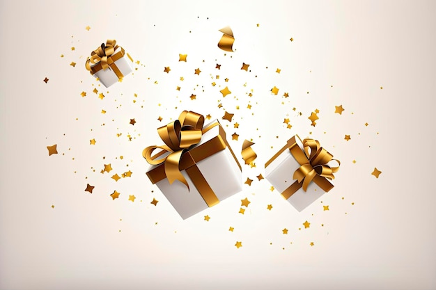 Foto vrolijk nieuwjaar en vrolijk kerstmis 2024 witte geschenkkistjes met gouden strikken en gouden sequins confetti op witte achtergrond