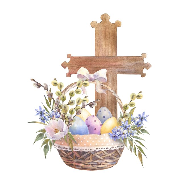 Foto vrolijk pasen compositie waterverf kruis met mand met lente bloemen wilgen kleurrijke eieren hand