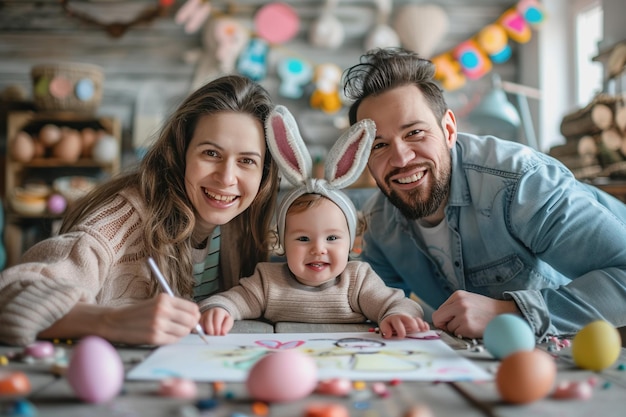 Vrolijk Pasen familie moeder vader en kinderen schilderen eieren voor de feestdag AI gegenereerd