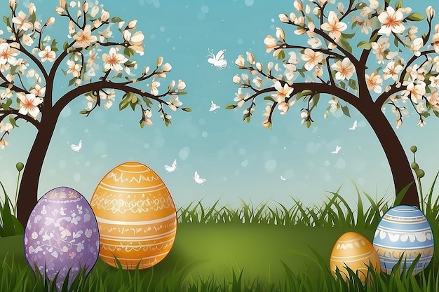 Vrolijk Pasen Gefeliciteerd Pasen achtergrond Pasen eieren en bloemen