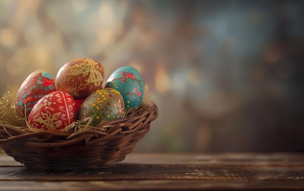 Vrolijk Pasen, geschilderde eieren in de mand op hout.