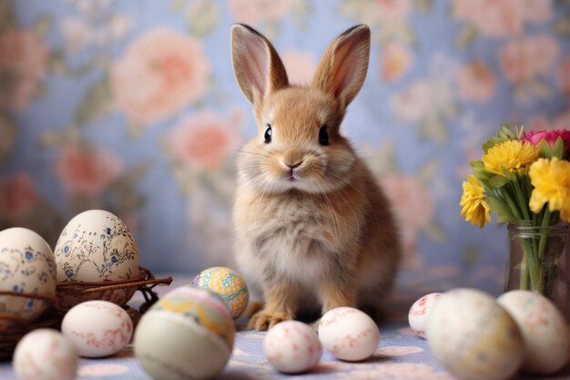 Vrolijk Pasen met konijn en versierde geverfde eieren Generatieve AI