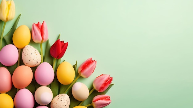Vrolijk Pasen met tulpen en decoratieve eieren