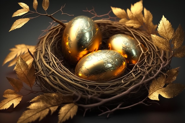 Vrolijk Pasen, paasvreugde met gouden eieren en nesten op een geïsoleerde achtergrond
