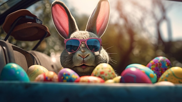 Vrolijk pasen Schattig konijntje in zonnebril met kleurrijke paaseieren generatieve ai