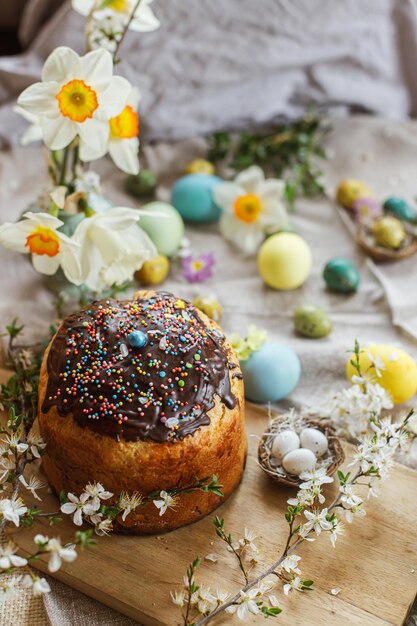 Vrolijk pasen zelfgemaakt paasbrood en natuurlijk geverfde paaseieren met lentebloemen op linnen servet op rustieke tafel traditioneel paasvoedsel bovenaanzicht