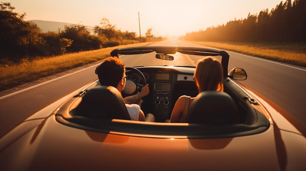 Vrolijk roadtrip-avontuur met twee vrouwen die in een cabrio rijden op een landweg Generatieve AI