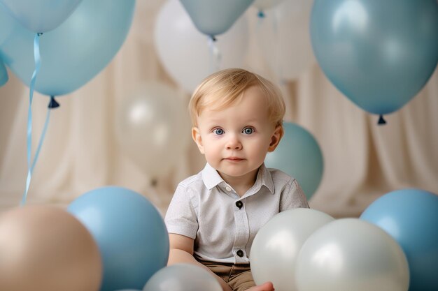 Vrolijk schattig kinderportret, verjaardagsfeest voor kleine jongen met taartballonnen en verjaardagsslingers