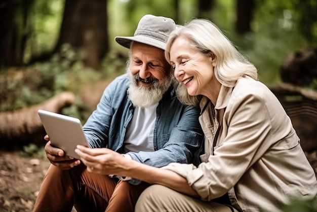 Vrolijk senior koppel met behulp van digitale tablet terwijl ze in het park zitten Generatieve AI