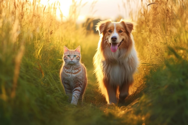 Vrolijk van harige vrienden, kat en hond, wandelend in een zomerweide