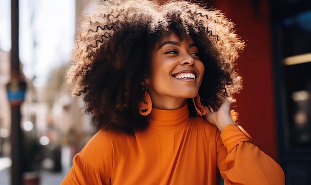 Vrolijke Afro-Amerikaanse dame die geluk en zelfvertrouwen uitstraalt op een stadsachtergrond AI generatief