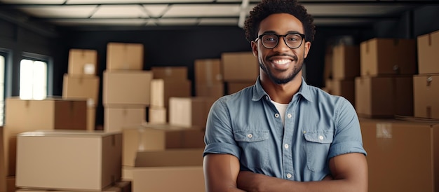 Vrolijke Afro-Amerikaanse man met bril poserend met gevouwen armen voor kartonnen dozen aantrekkelijke zwarte man in nieuw huis op verhuisdag panoramisch vi