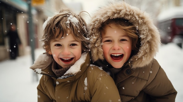 Vrolijke broers en zussen die plezier hebben in de sneeuw