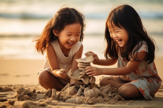 Vrolijke broers en zussen spelen met zand op het strand