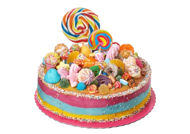 Vrolijke cake gemaakt van snoep op de dag van de geboorte van een meisje.