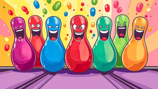 Vrolijke cartoon bowlingkegels in felle kleuren