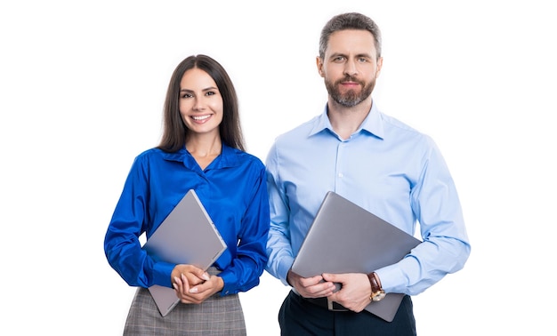 Vrolijke collega's freelancen op achtergrondfoto van collega's freelancen op laptop