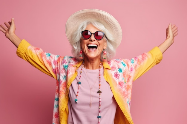 Vrolijke dame met stijlvolle accessoires die de handen naar de zijkanten spreidt van het lachen