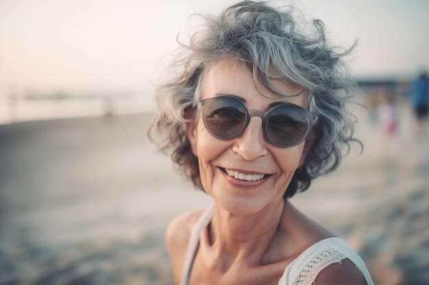 Vrolijke dame van in de 60 die geniet van het strand Generatieve AI