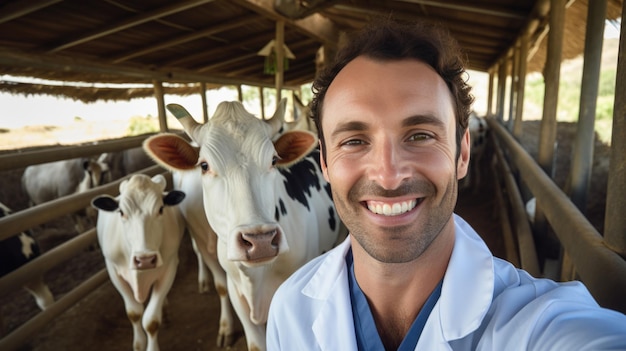 Vrolijke dierenarts man die lacht terwijl hij selfie maakt met de koe in de boerderij Gemaakt met generatieve AI-technologie