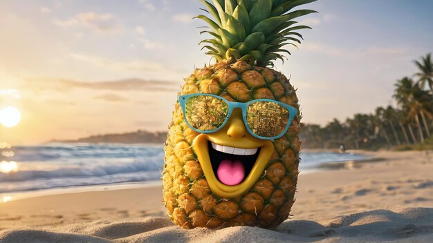 vrolijke en gelukkige ananas op het strand zomervakantie op zee