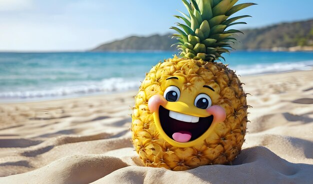 vrolijke en gelukkige ananas op het strand zomervakantie op zee