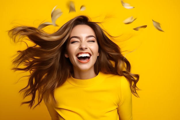 vrolijke en grappige gelukkige vrouw op levendige glans gele achtergrond