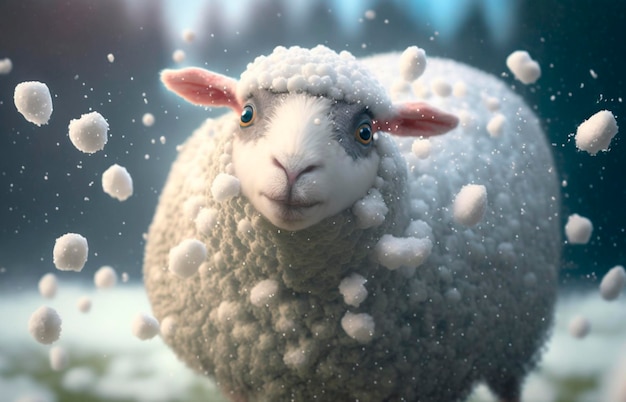 Vrolijke en schattige schapen die plezier hebben in de sneeuw tijdens een ijzige winter