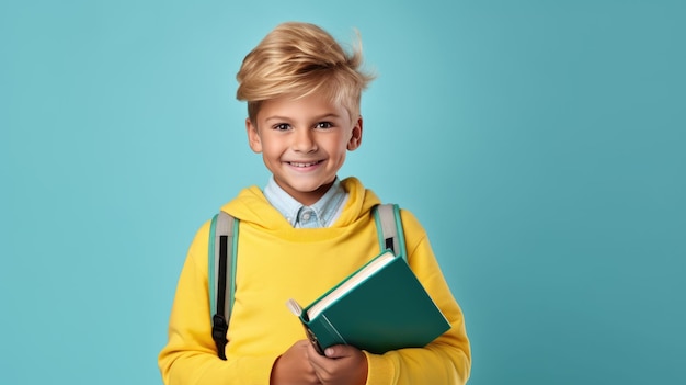 Vrolijke, gelukkige jonge kleine schooljongen die boeken vasthoudt, glimlacht en voor een geïsoleerde blauwe achtergrond staat. Gemaakt met generatieve AI-technologie