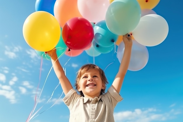 Vrolijke grappige kindjongen met kleurrijke ballonnen op een hemelachtergrond Kid met plezier met ballonnen en confetti