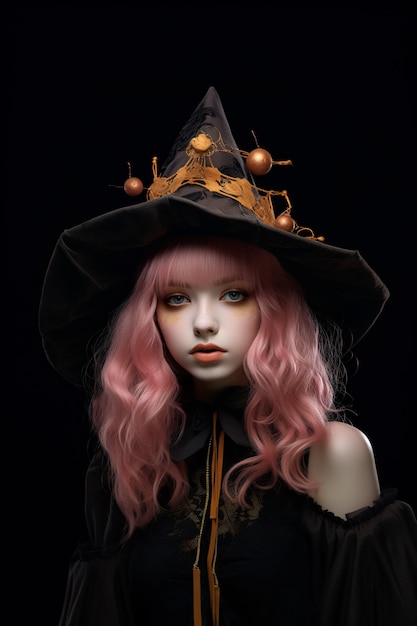 Vrolijke Halloween-portretten van heksen in hoeden en zwarte kostuums