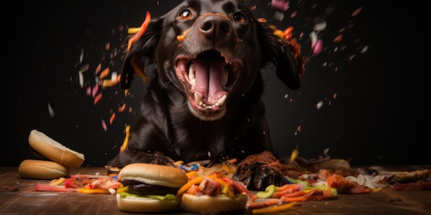 Vrolijke hond geniet van een smakelijke traktatie van hotdogs die een luchtige en vrolijke scène van AI belichamen