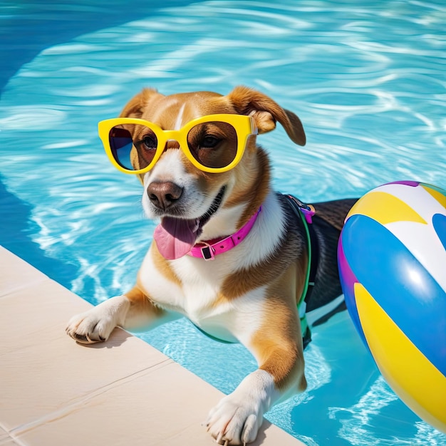 vrolijke hond in zonnebril lounges bij een zwembad