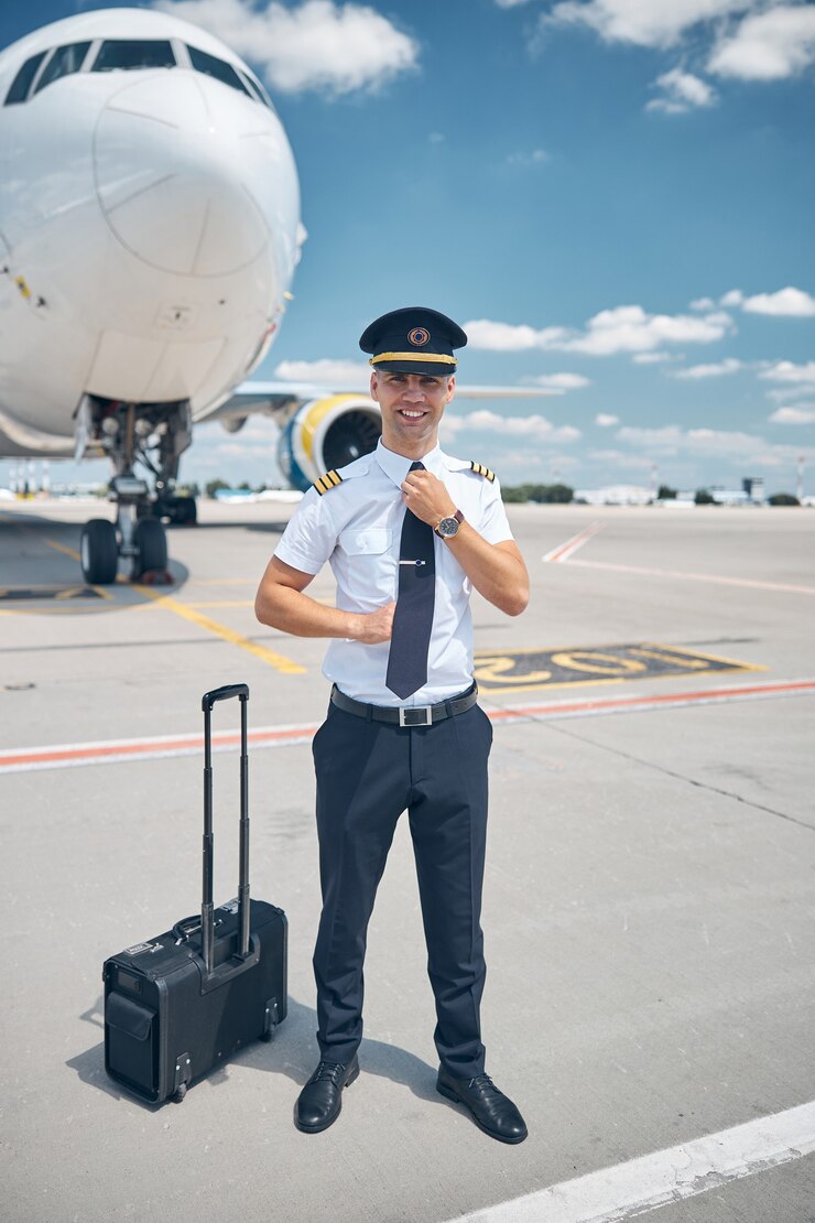 Vrolijke jonge man in kapiteinshoed die zijn das vastmaakt en glimlacht terwijl hij op het vliegveld staat met vliegtuig en lucht op de achtergrond